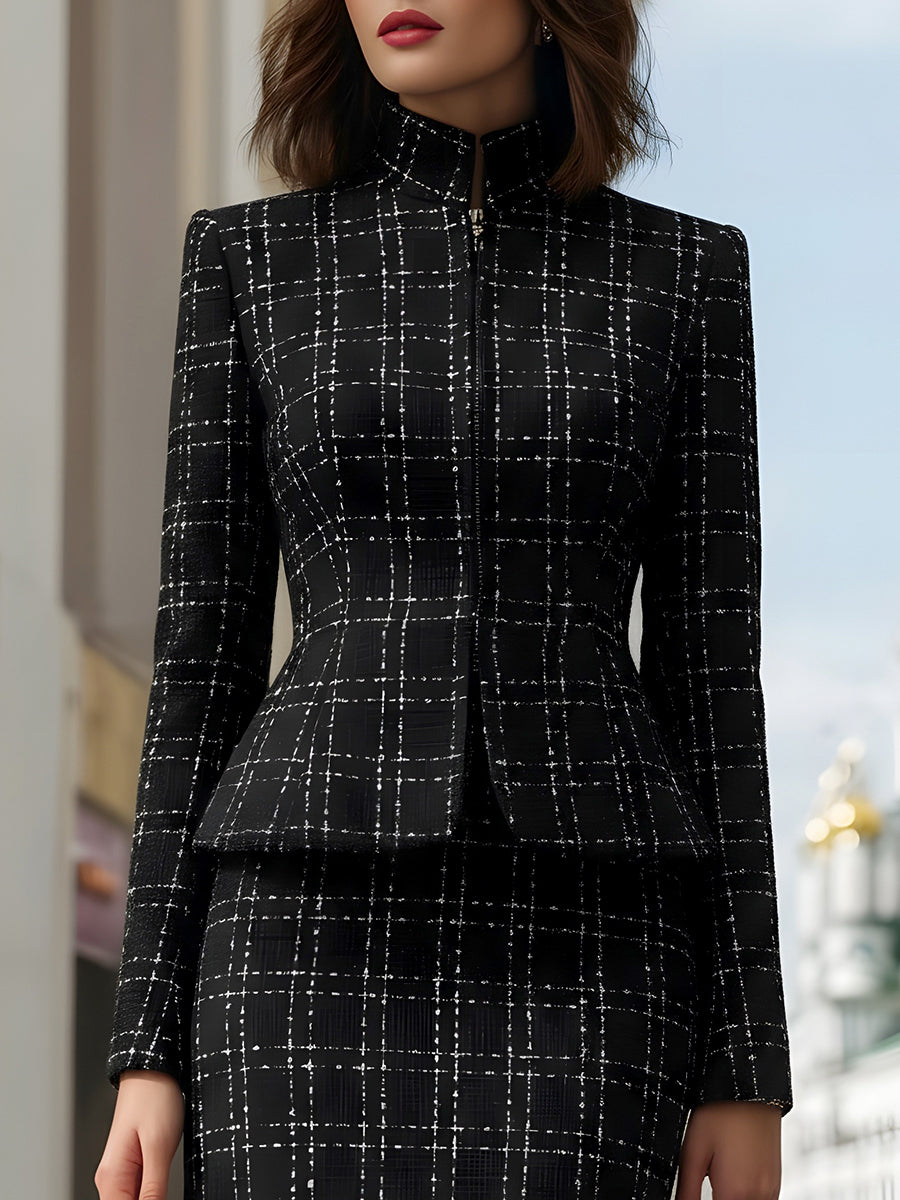 Plaid Peplum Jakke Og Blyantskirt Sæt