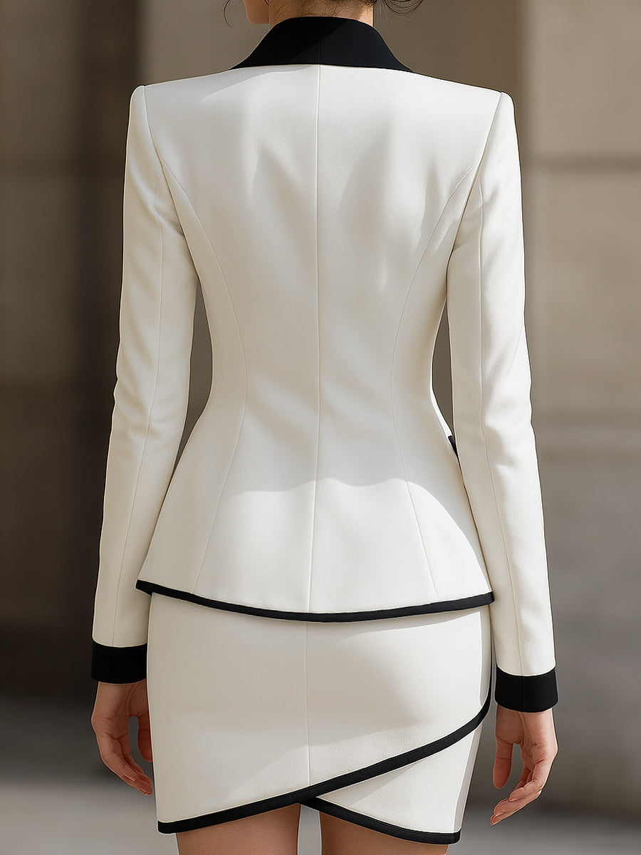 Kontrast Trim Tuxedo Blazer Og Nederdel Sæt