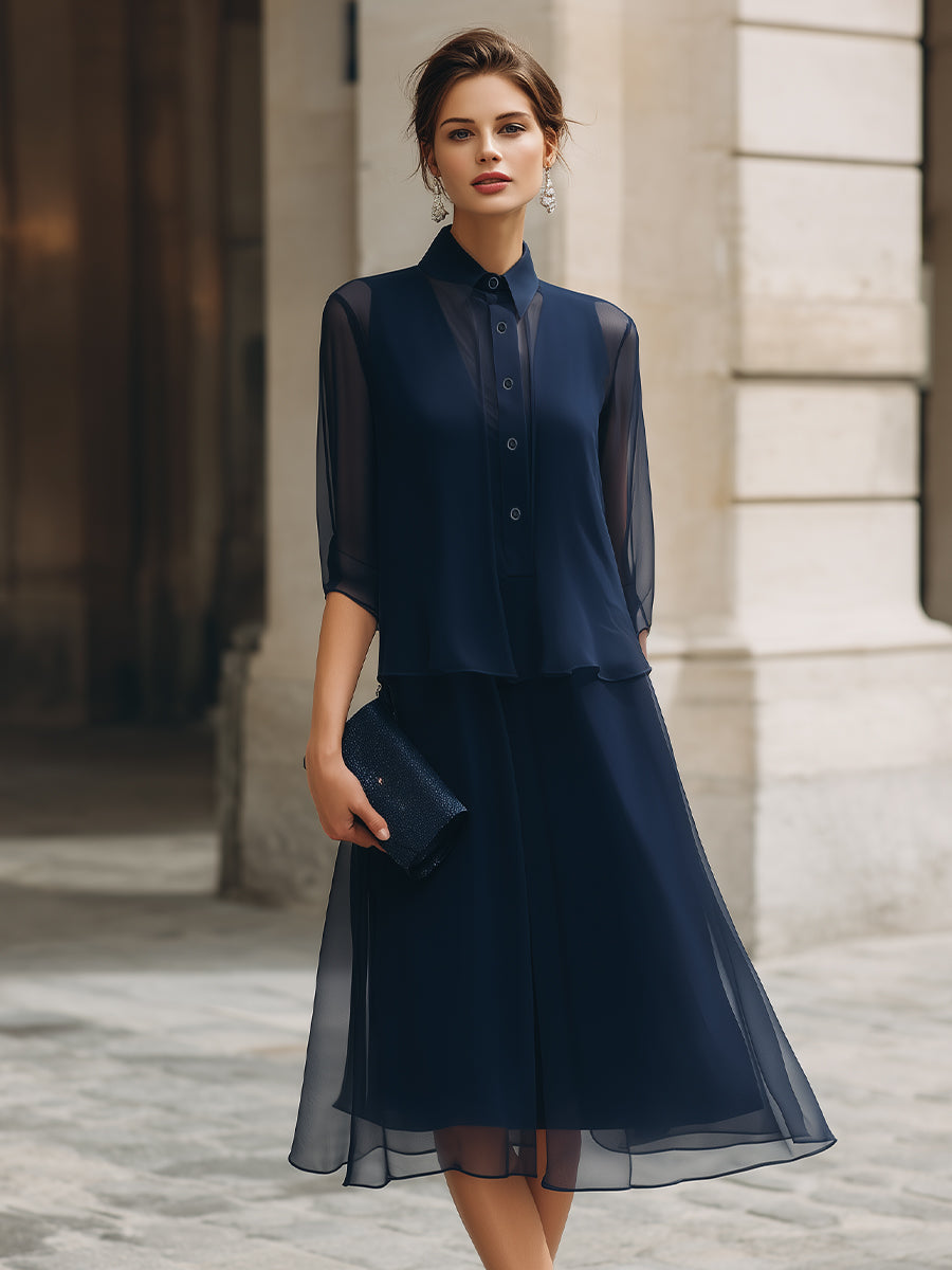 Knap-Front Gennemsigtig Overlay Midi Kjole