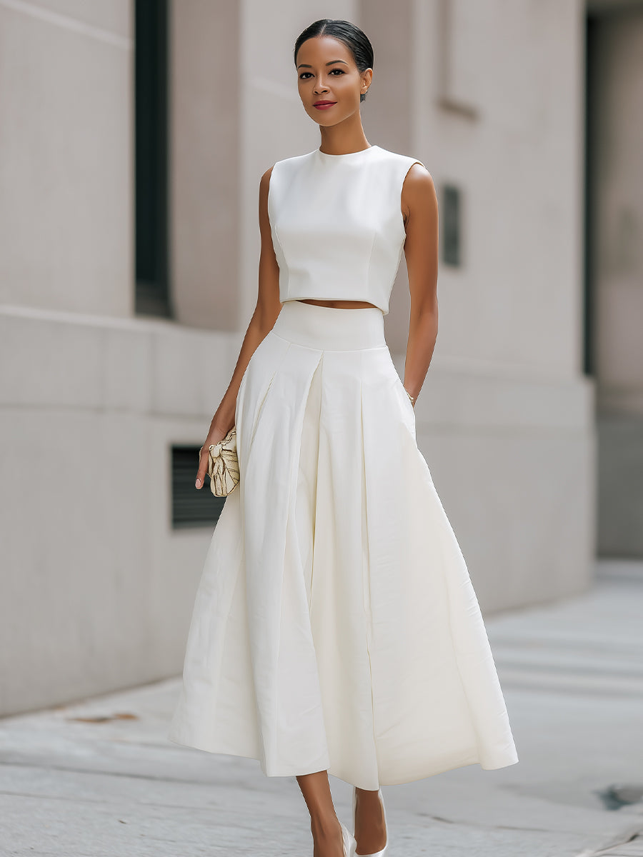 Ærmeløs Cropped Top Og Plisseret Midi Nederdel Sæt