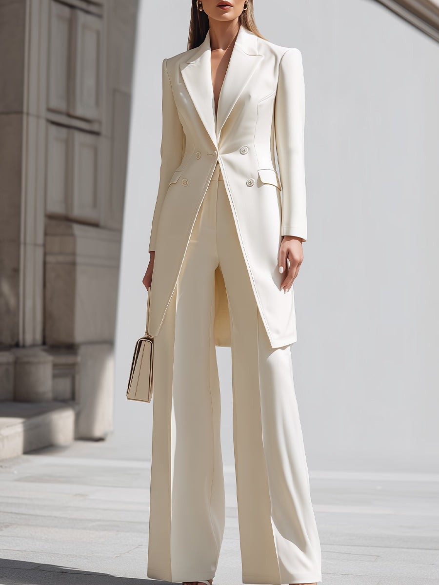 Elegant Cream Longline Blazer Og Bred - Ben Bukser Sæt