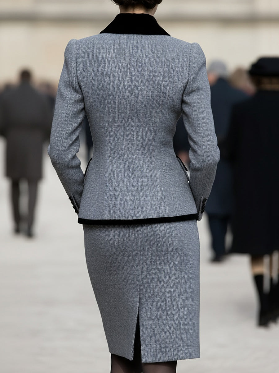 Elegant Herringbone Blazer & Blyantskirtsæt