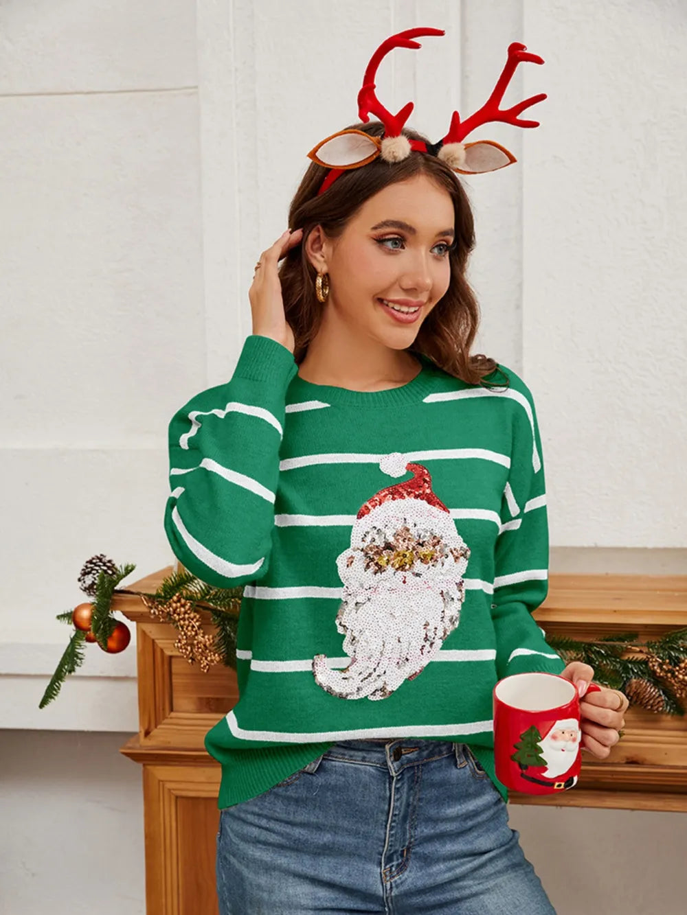Paillet Santa Stribet Juletrøje – Grøn, Rød & Sort