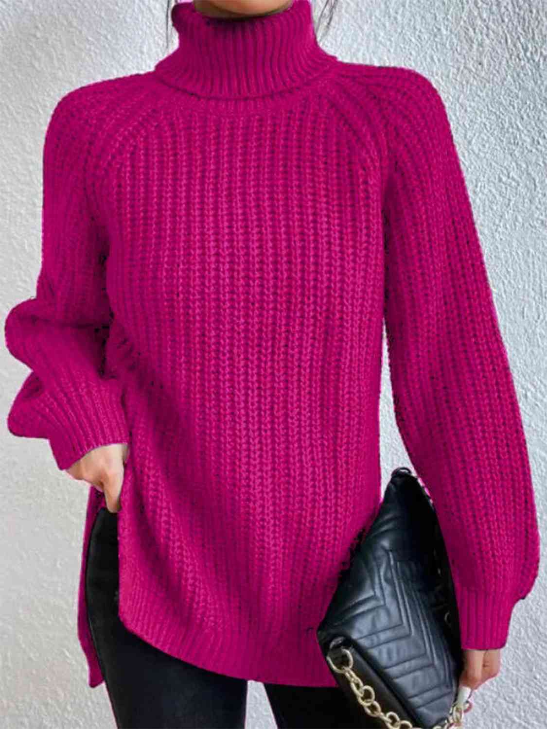 Angela Pull Kvinde – Ribbet Turtleneck Sweater med Chic Side Slids til Elegant Efterår/Vinter