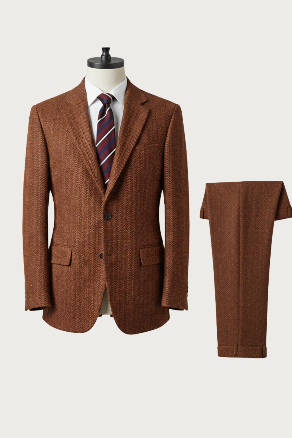 Herres Brændt Rust Tre-delt Tweed Jakkesæt – Skræddersyet Herringbone Blazer, Vest og Bukser
