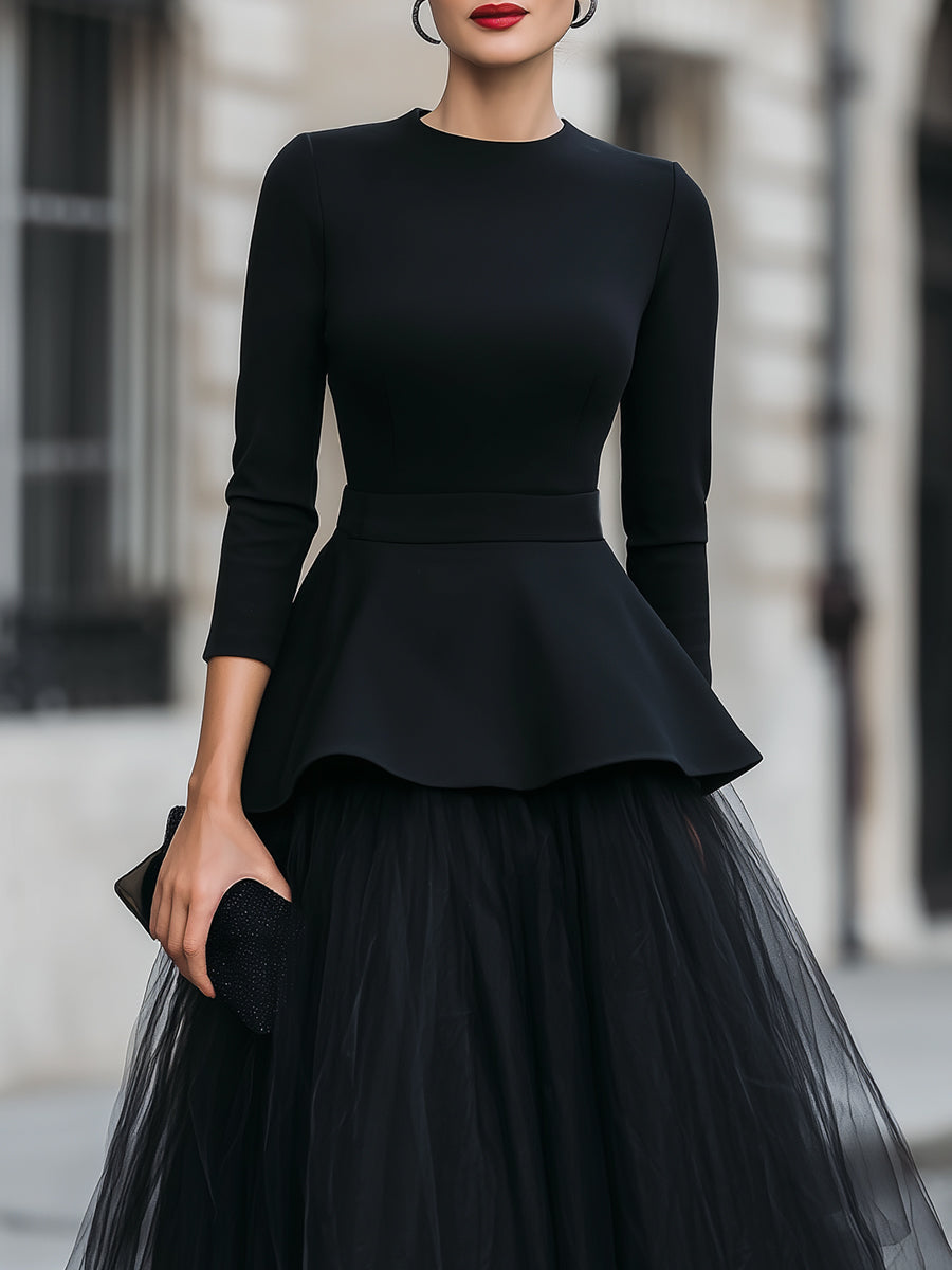 Struktureret Peplum Top og Lagdelt Midi Nederdel Sæt