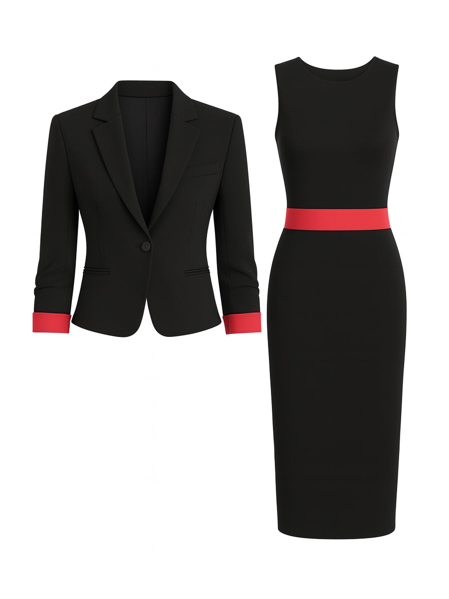 Kontrast Trim Blazer & Ærmeløs Midi Kjole Sæt