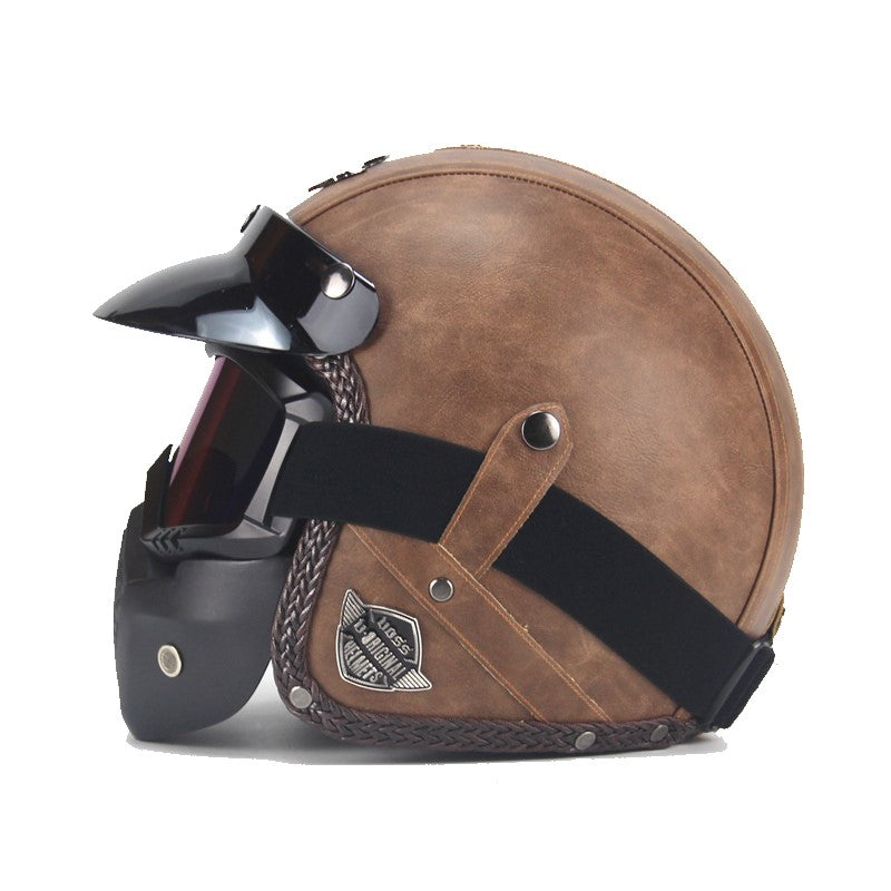 Vintage PU Læder Motorcykel Sturzhelm Biker med Visir Maske Briller