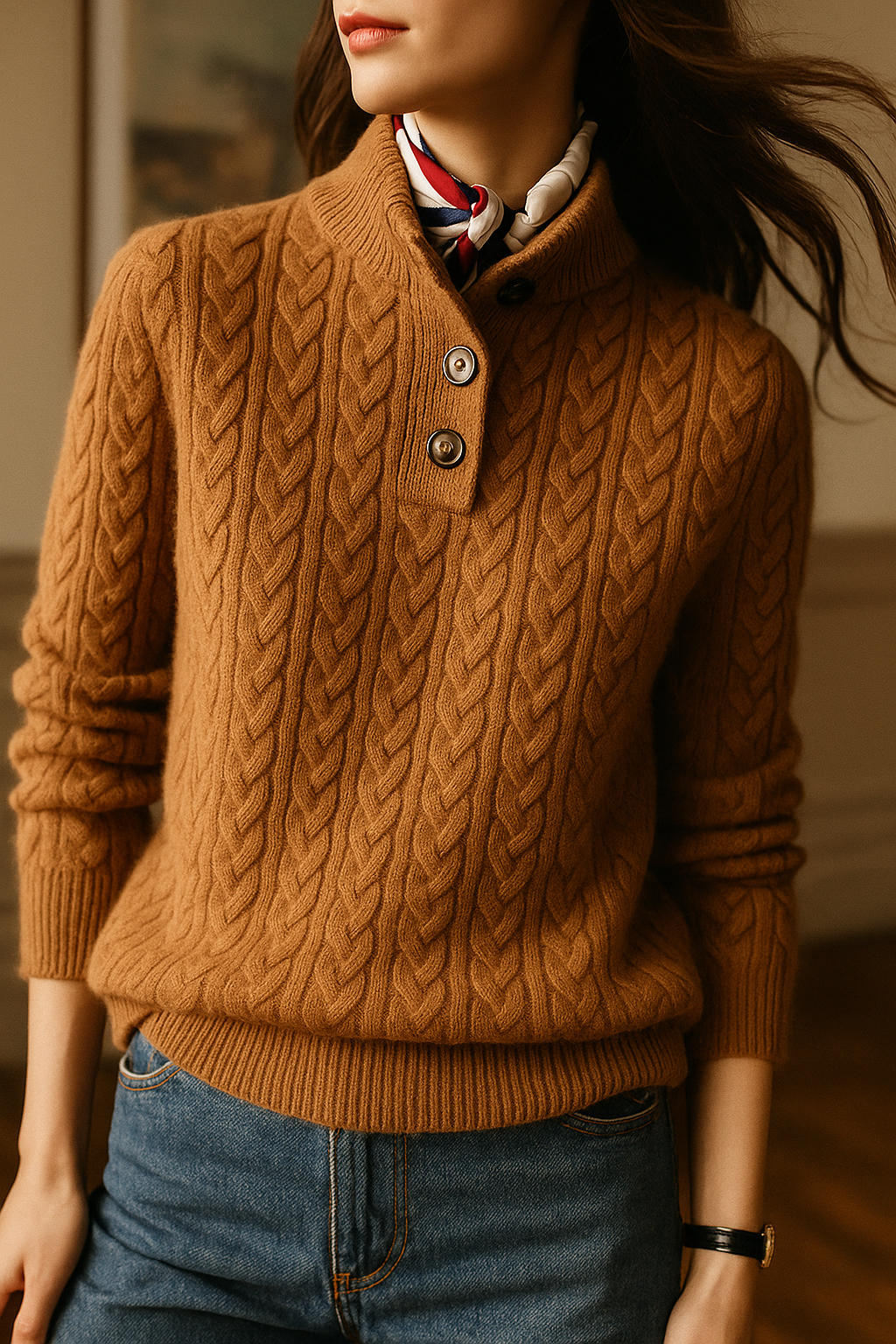 Sharmaine Kvinders Knappet Sweater – Blød Kabelstrik Sweater med Elegant Krave