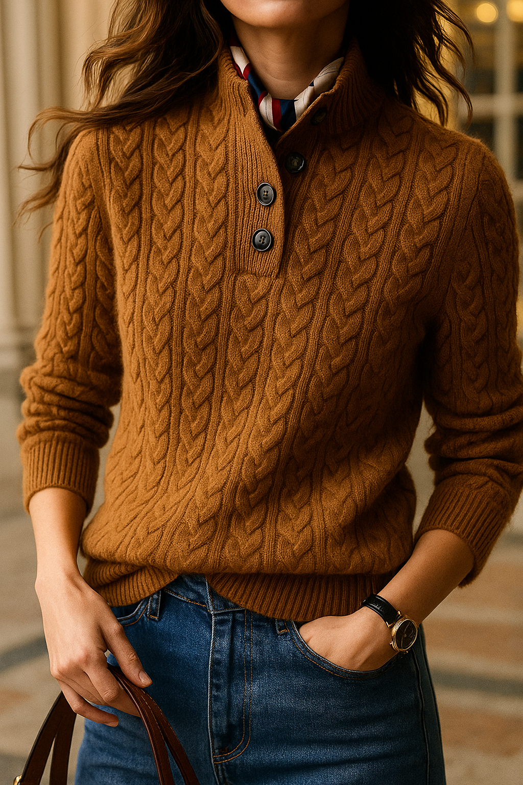 Sharmaine Kvinders Knappet Sweater – Blød Kabelstrik Sweater med Elegant Krave
