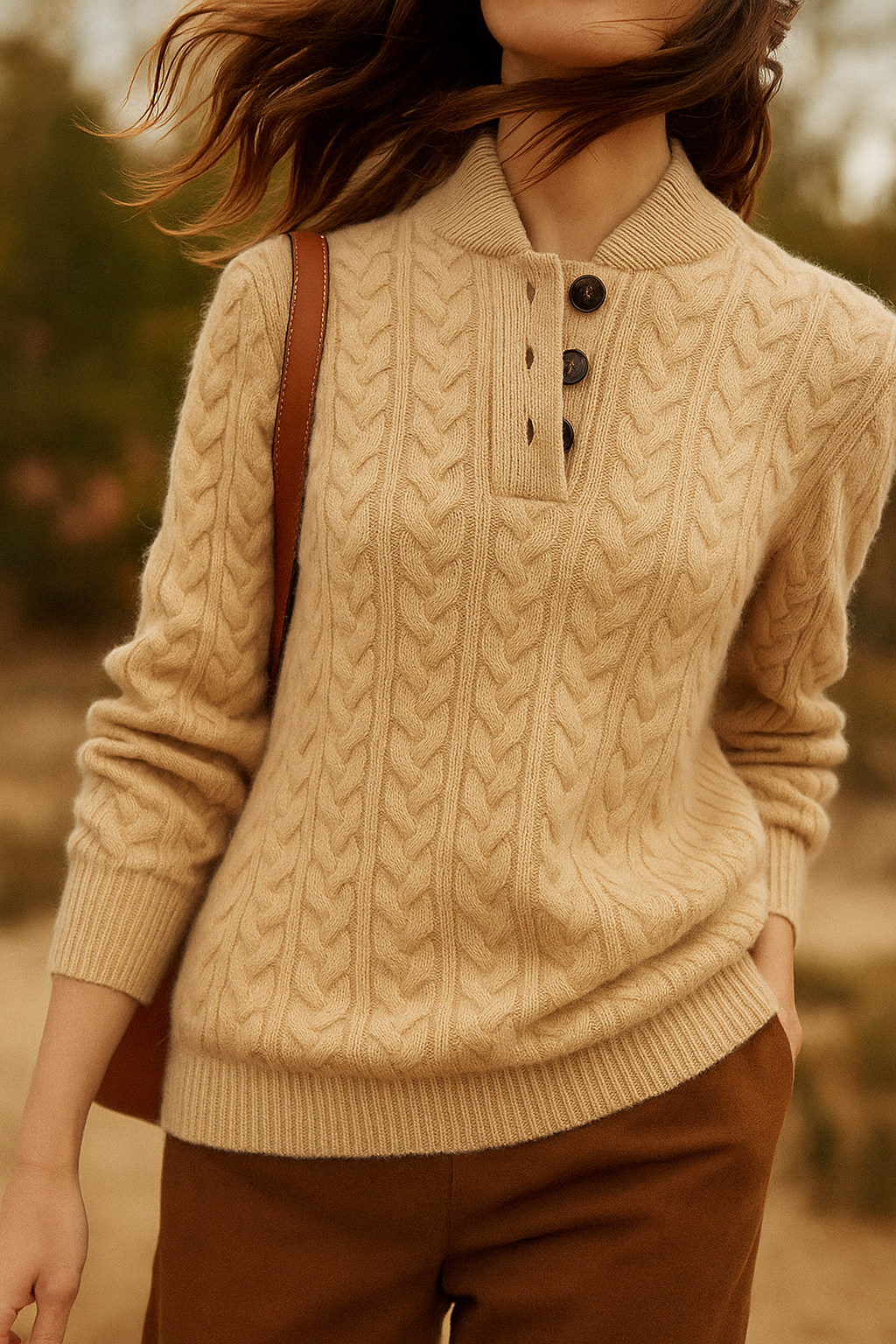 Sharmaine Kvinders Knappet Sweater – Blød Kabelstrik Sweater med Elegant Krave