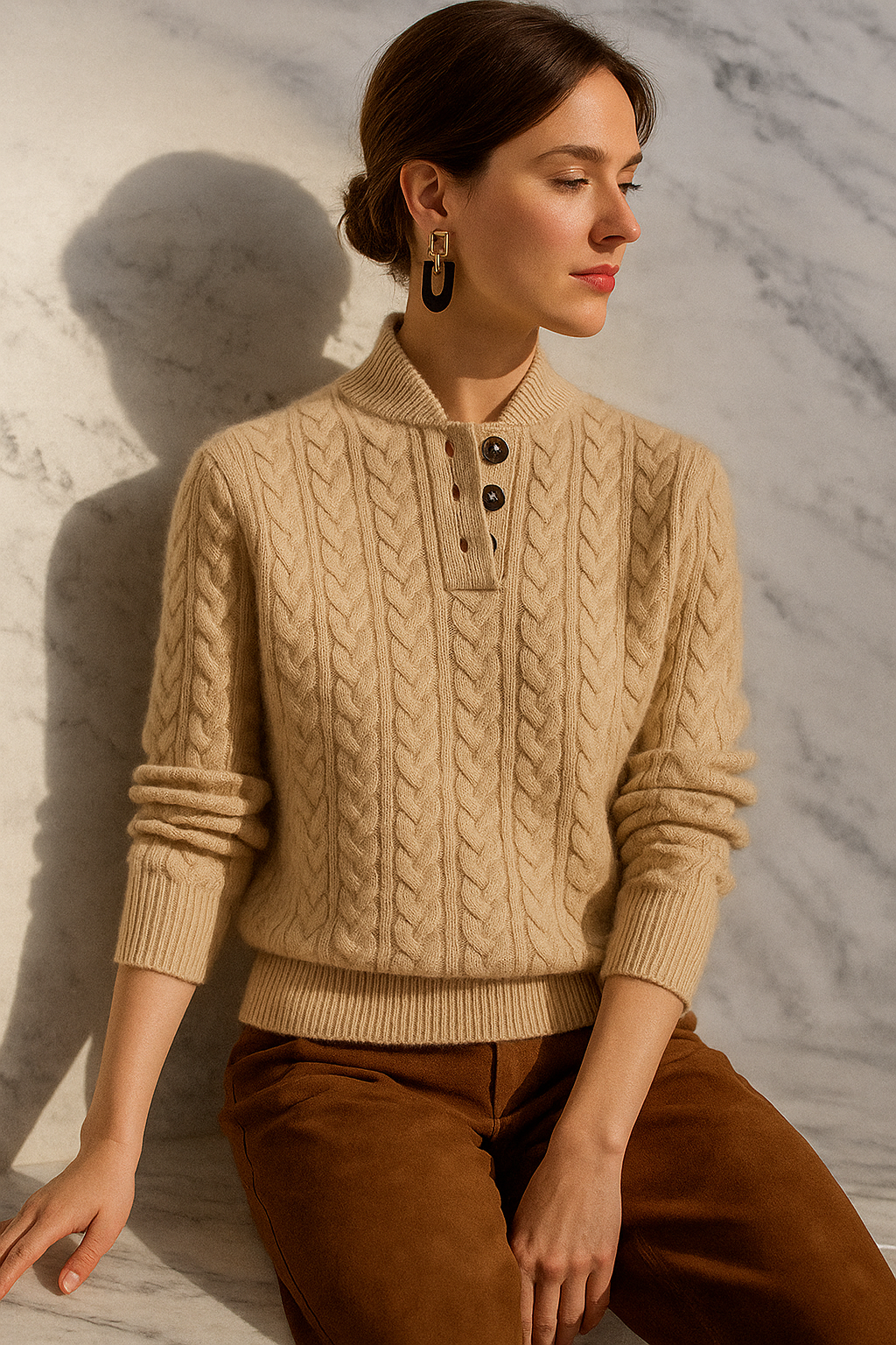 Sharmaine Kvinders Knappet Sweater – Blød Kabelstrik Sweater med Elegant Krave