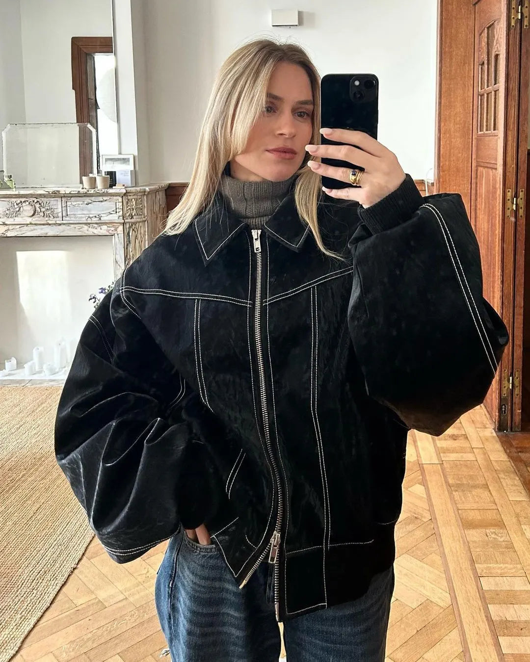Kvinders Oversized Bomberjakke Sort Varm Polyester