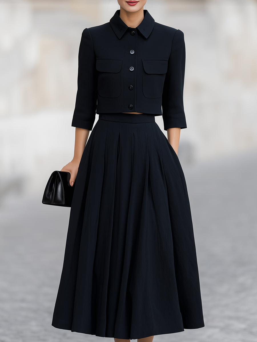 Tidless Sort Cropped Blazer & Plisseret Midi Skirt To-delt Sæt