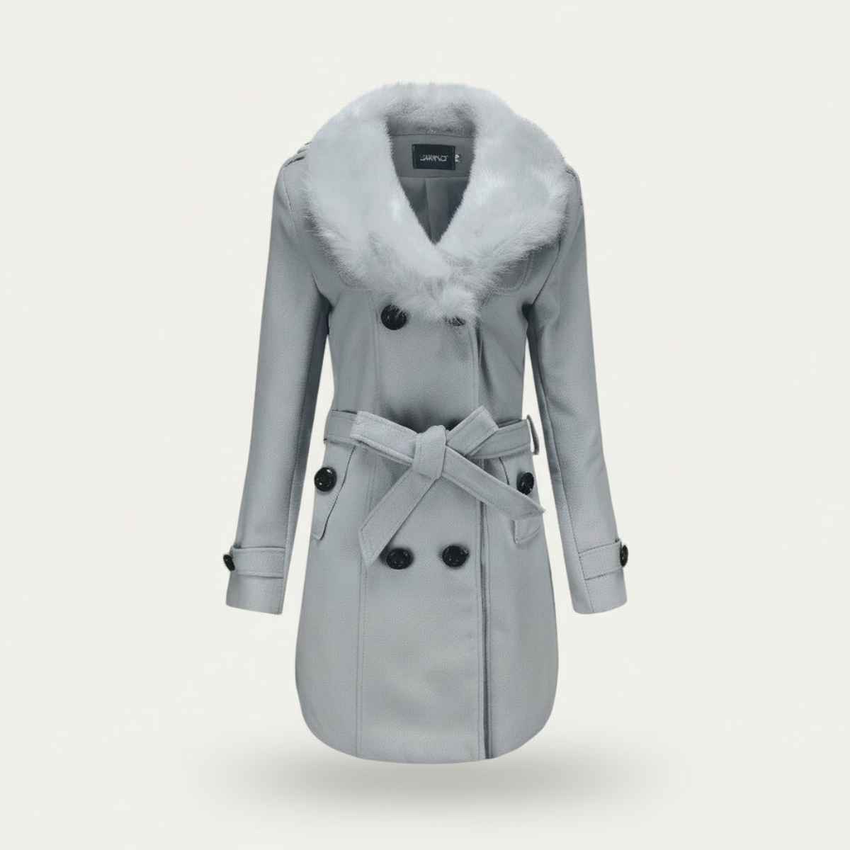 Kvinders Dobbeltradet Trench Coat med Bælte og Faux Fur Krave