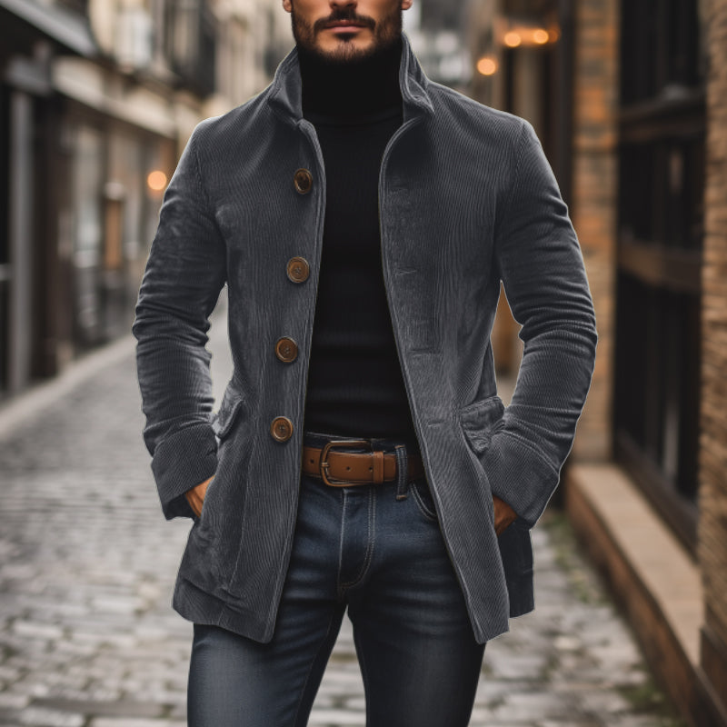 Emerson Herre Corduroy Velvet Frakke – Slim Fit med Stå-Op Krave & Elegante Lommer