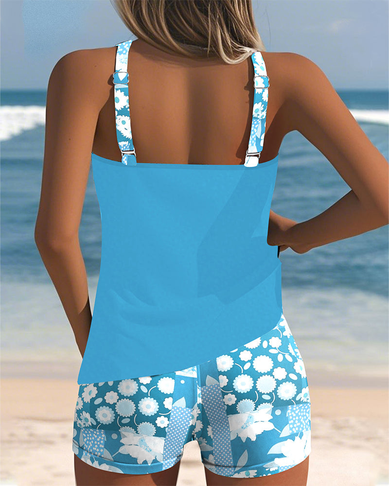 Blomster Tankini med Justerbare Stropper og Komfortable Shorts - Multifarvet