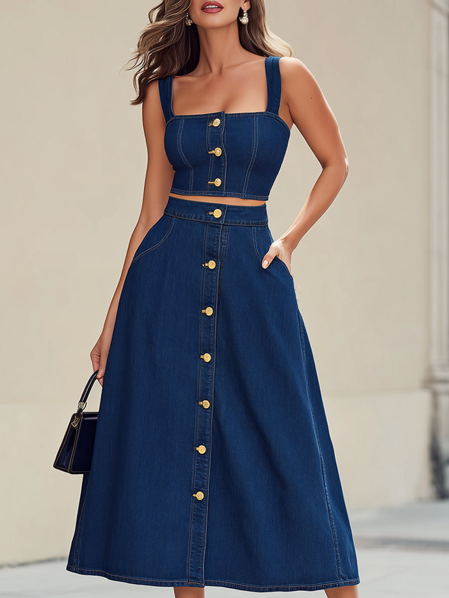 Retro Indigo Denim Bustier Crop Top & Maxi Skirt To-delt Sæt