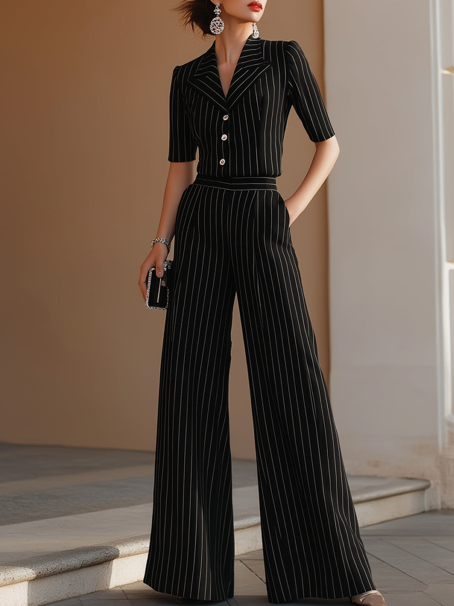 Pinstripe Skræddersyet Knap-Front Top & Bred-Ben Bukse Sæt