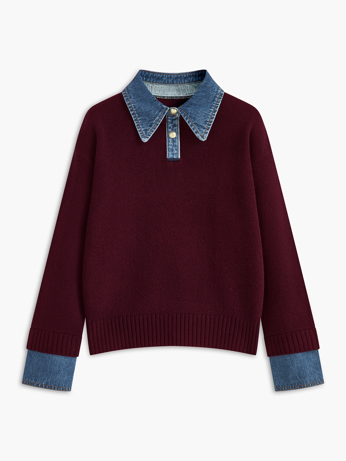Giana Elegant Kvinders Sweater – Blød Strik med Denim Effekt Krave & Manchetter