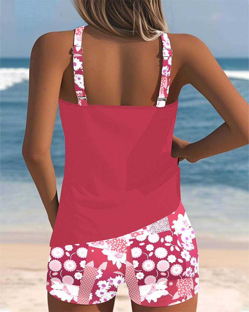 Blomster Tankini med Justerbare Stropper og Komfortable Shorts - Multifarvet