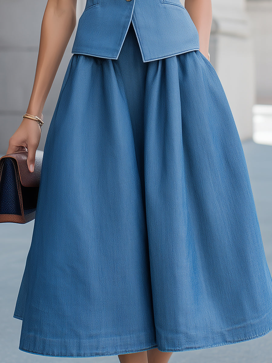 Denim Blå Mandarin Krave Vest & Midi Skirt To-Stykke Sæt