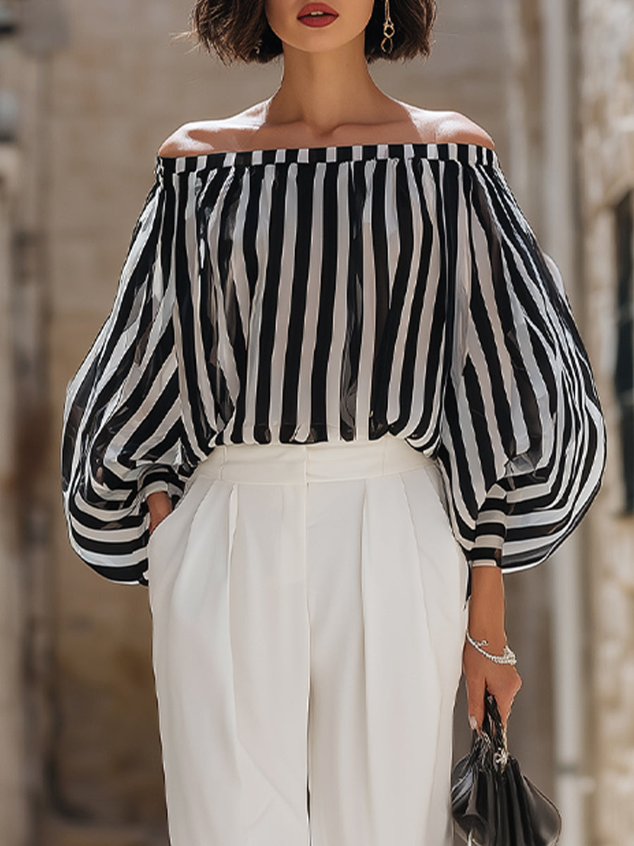 Chic Off-the-Shoulder Stribet Bluse & Højtaljede Skræddersyede Bukser Sæt