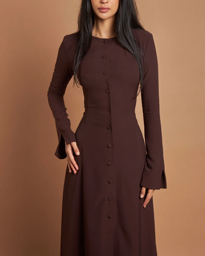 Midi Kjole Med Knapper, Taljeformet Og Lange Ærmer Til Kvinder | Velegnet Til Hverdagsoutfits