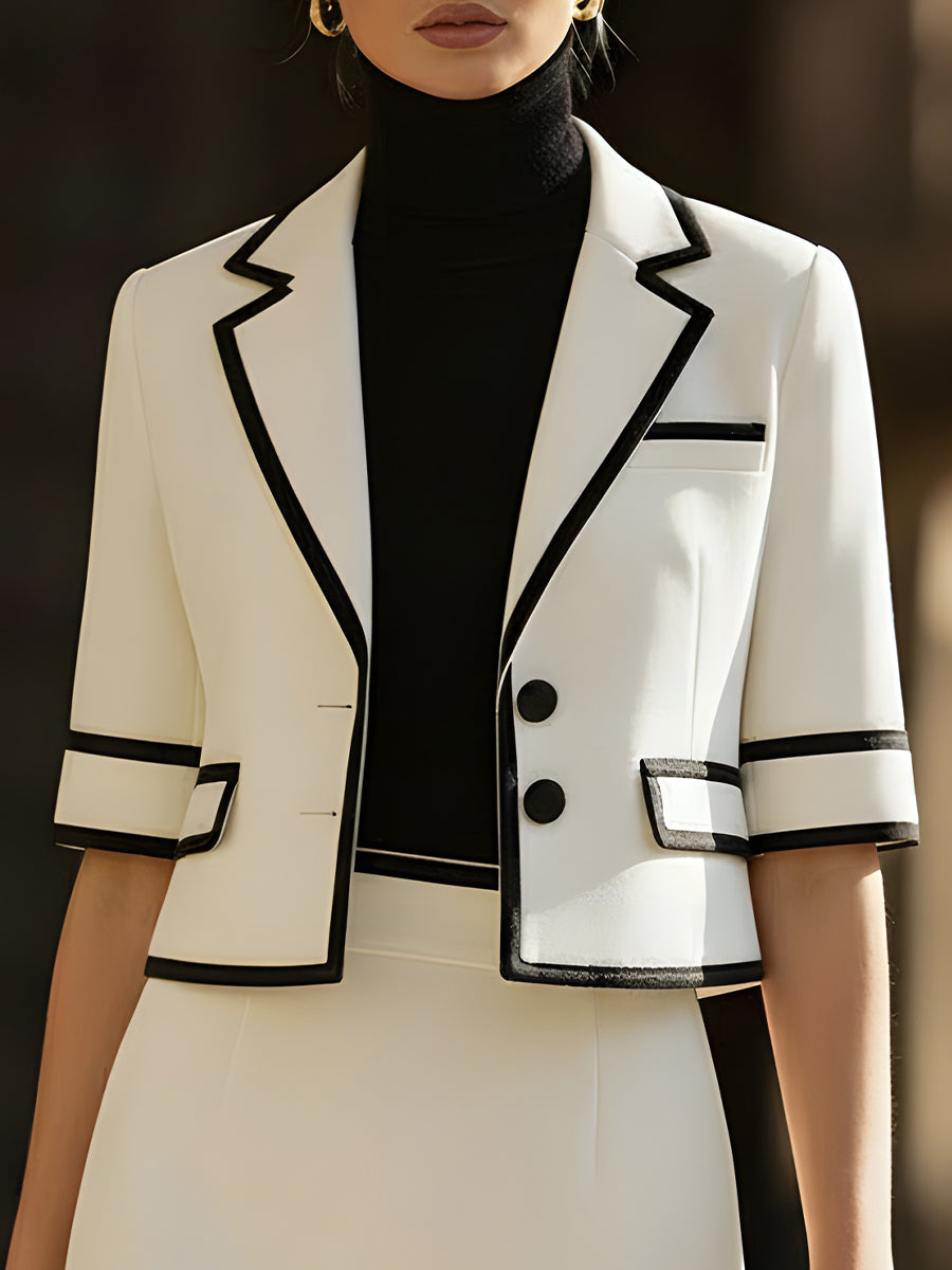 Kontrast-Trim Cropped Blazer & Mini Skirt To-dels Sæt