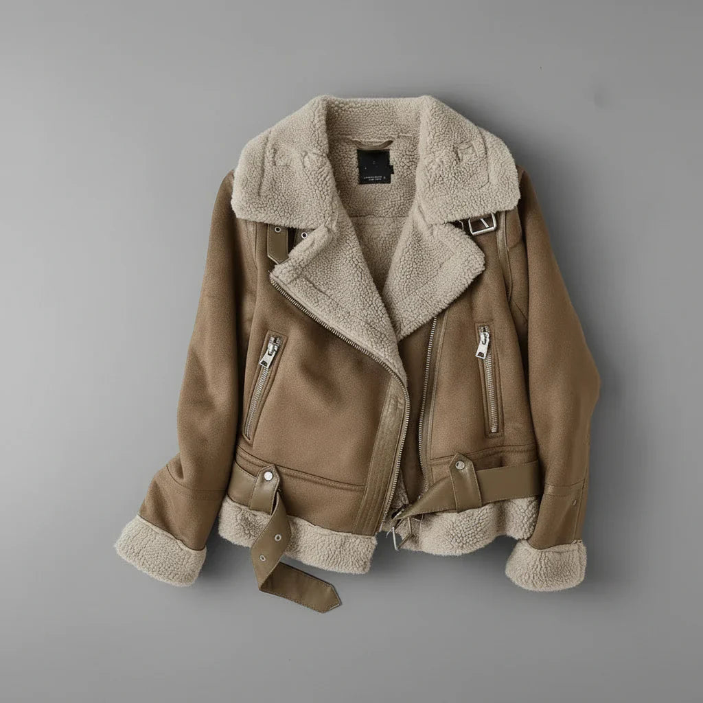 Kvinders Shearling Bikerjakke – Sherpa Fodret med Bæltekant