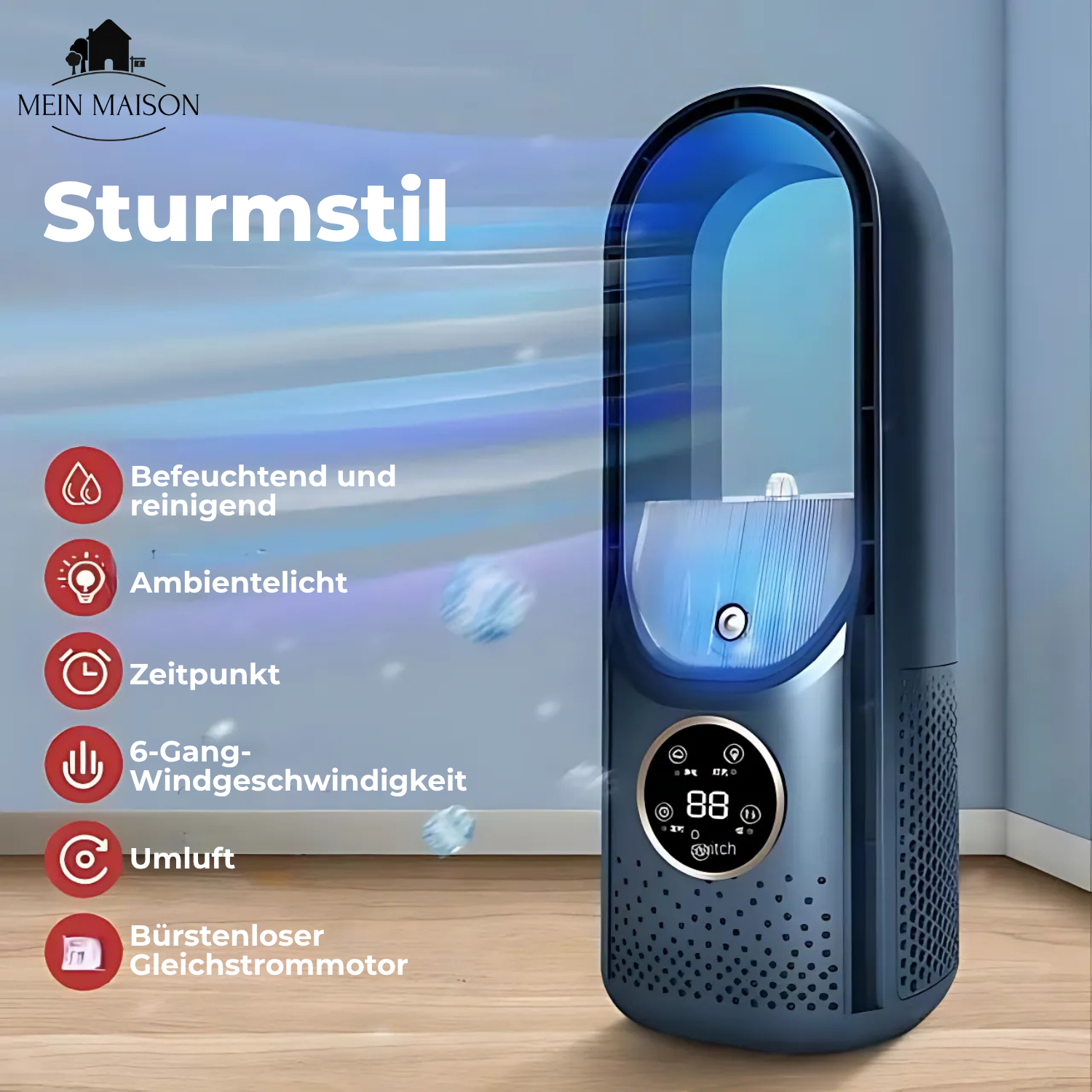 Airevo Luftkøler | Bladfri USB-Ventilator | 6 Trin | Stille & Med Timer | Luftfugtighed