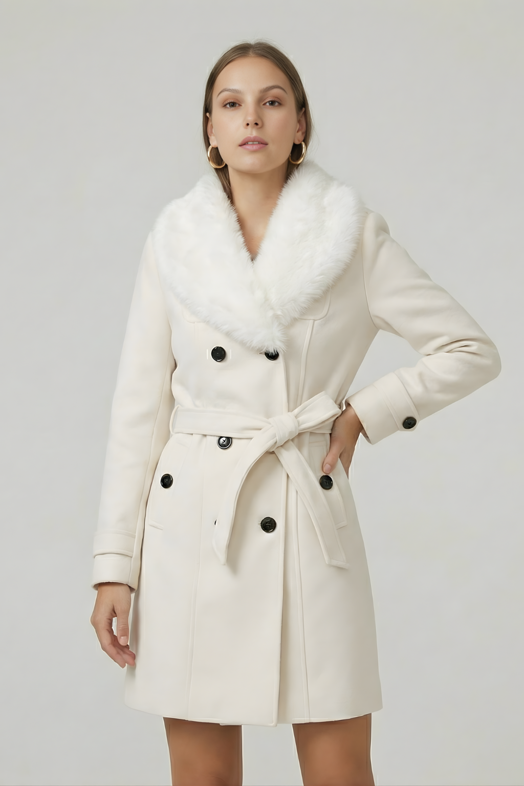 Kvinders Dobbeltradet Trench Coat med Bælte og Faux Fur Krave