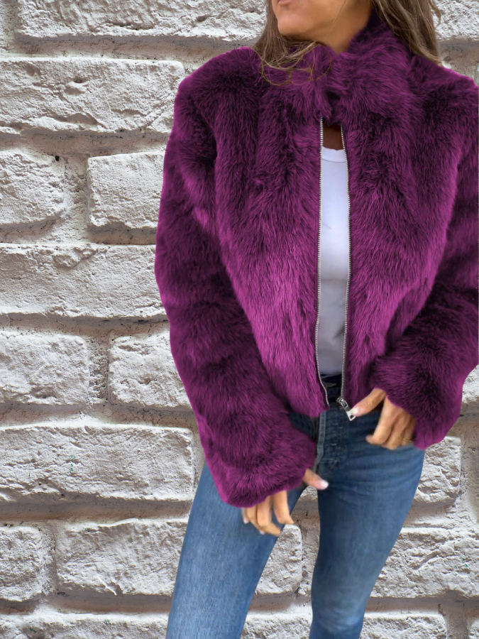 Hiya Kort faux fur jakke til kvinder – Chic frakke med lynlås og pelsdetaljer & varm og komfortabel pasform
