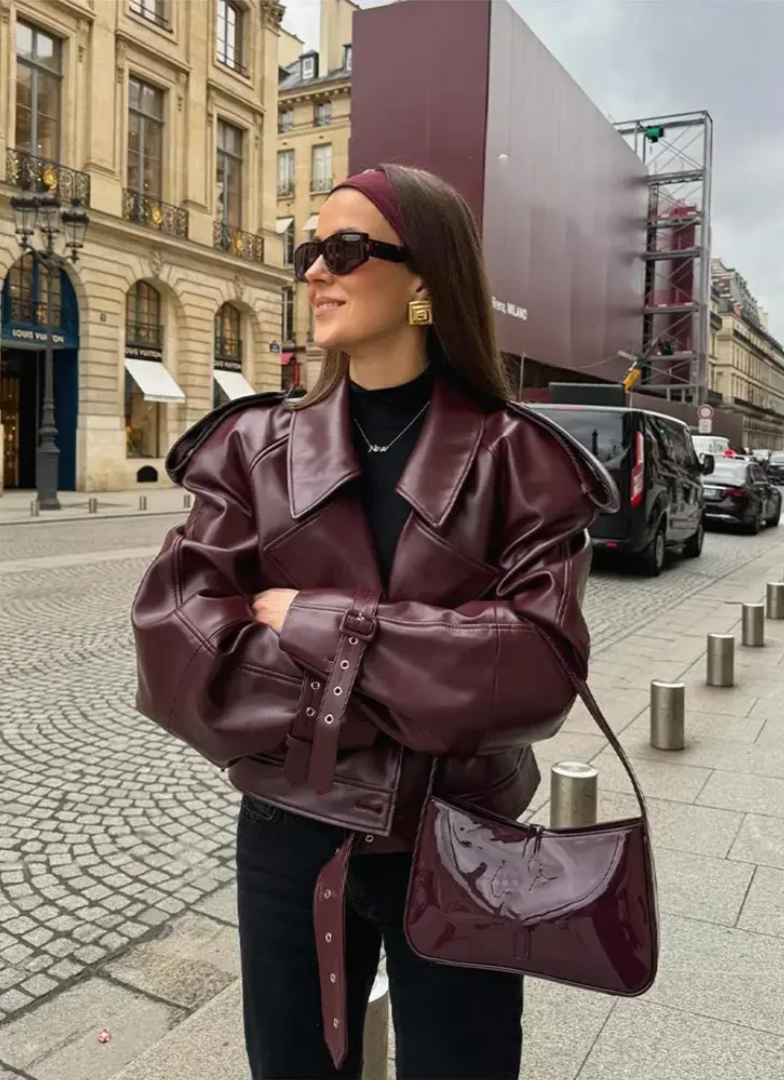Audace Parisienne Oversize Jakke Læder Effekt – Bælte, Moderne & Elegant Stil Kvinde