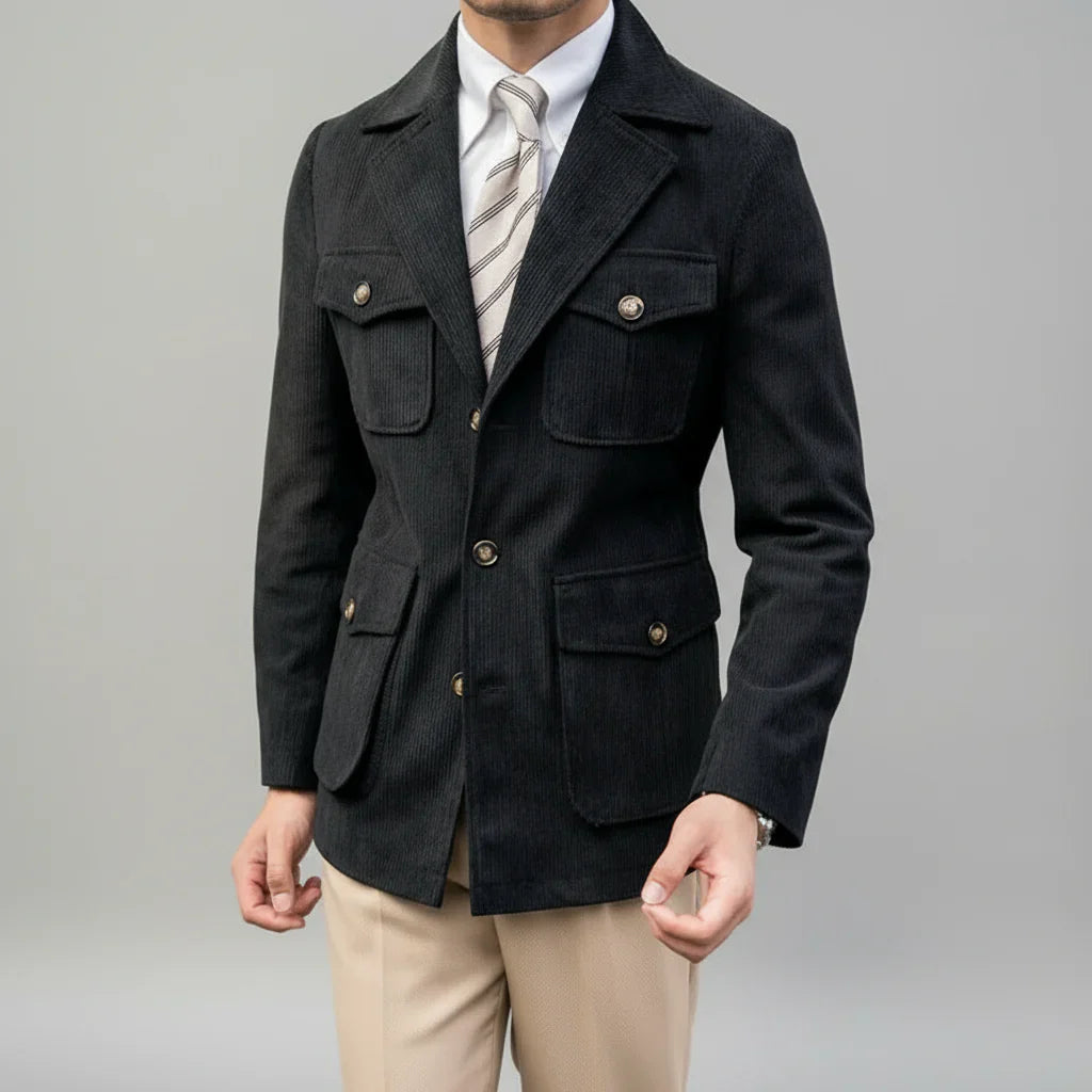 Herre Skræddersyet Blazer – Herringbone med Guldtonede Knapper