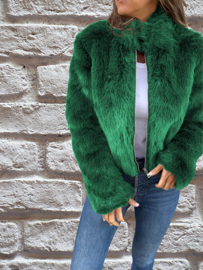 Hiya Kort faux fur jakke til kvinder – Chic frakke med lynlås og pelsdetaljer & varm og komfortabel pasform