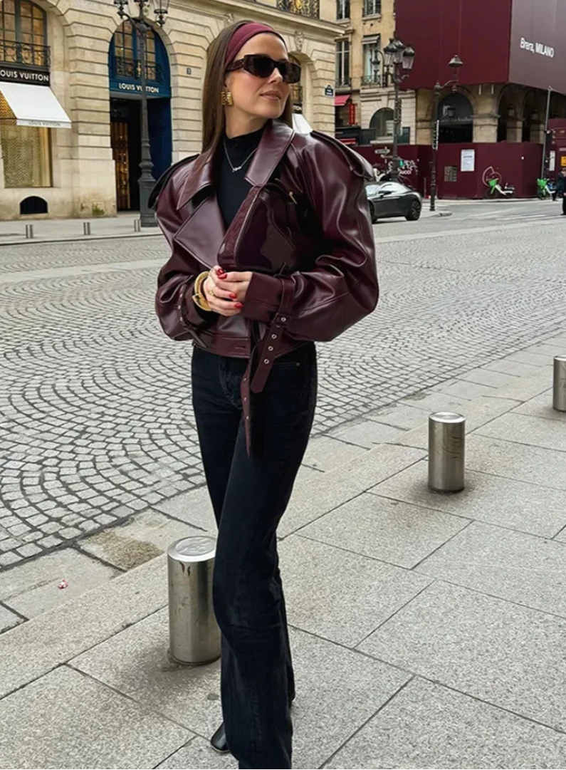 Audace Parisienne Oversize Jakke Læder Effekt – Bælte, Moderne & Elegant Stil Kvinde