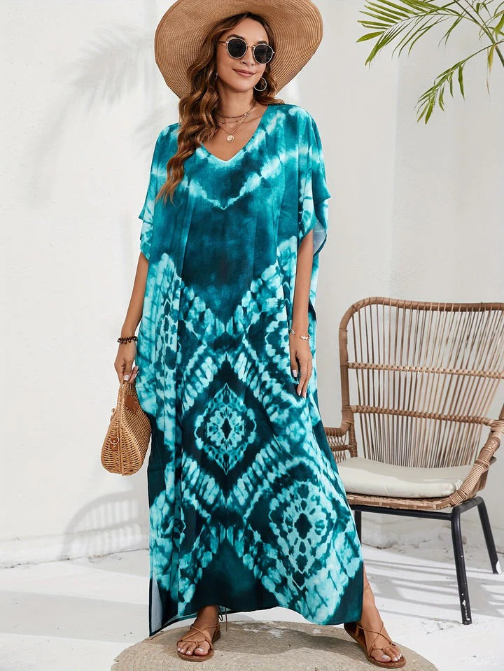 Caftan Lang med Løs Pasform og Farverigt Print til Kvinder | Ideel til Sommeren