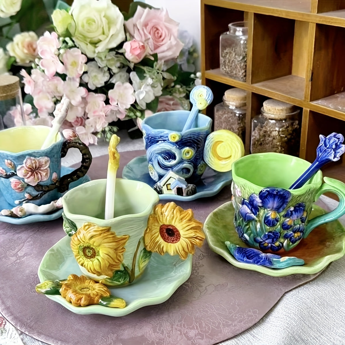 ArtSip Keramisk Kop & Skål Sæt – Håndmalet 3D Design inspireret af Van Gogh