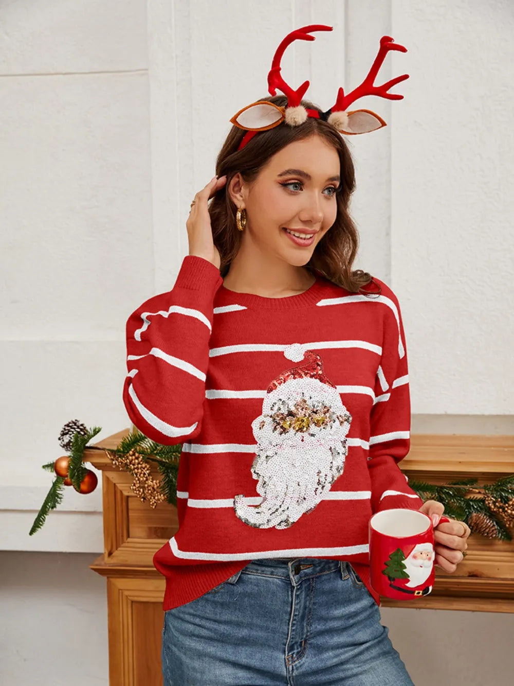 Paillet Santa Stribet Juletrøje – Grøn, Rød & Sort