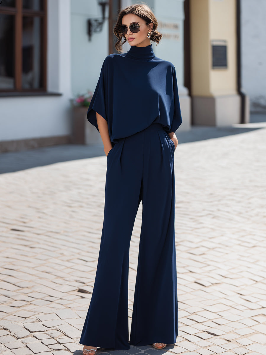 Minimalistisk Højhalset Draperet Bluse & Bredbenet Bukse Sæt
