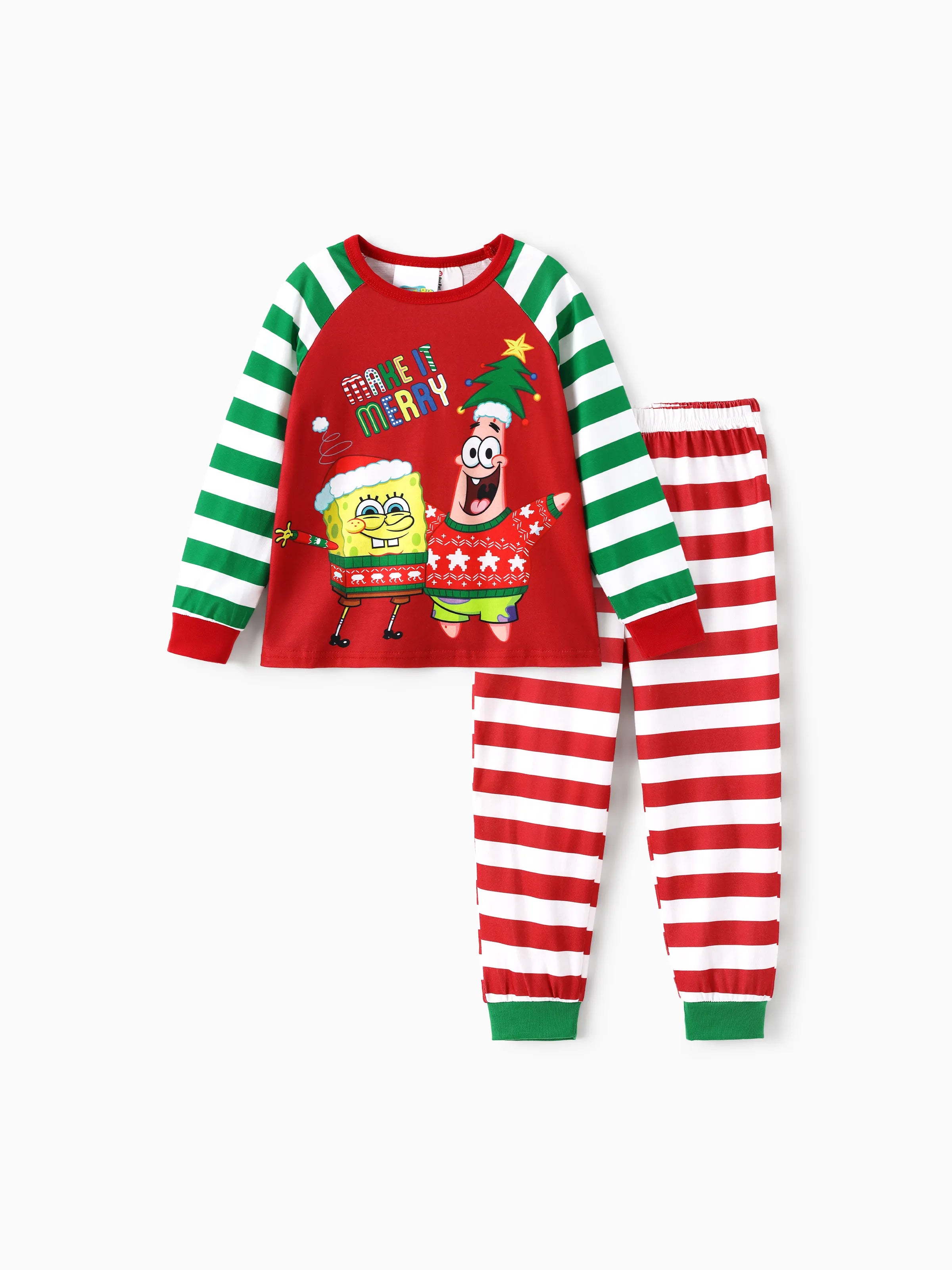 SpongeJams | SpongeBob Firkantet Jule Familie Pyjamas Sæt med Stribet Design og Sokker