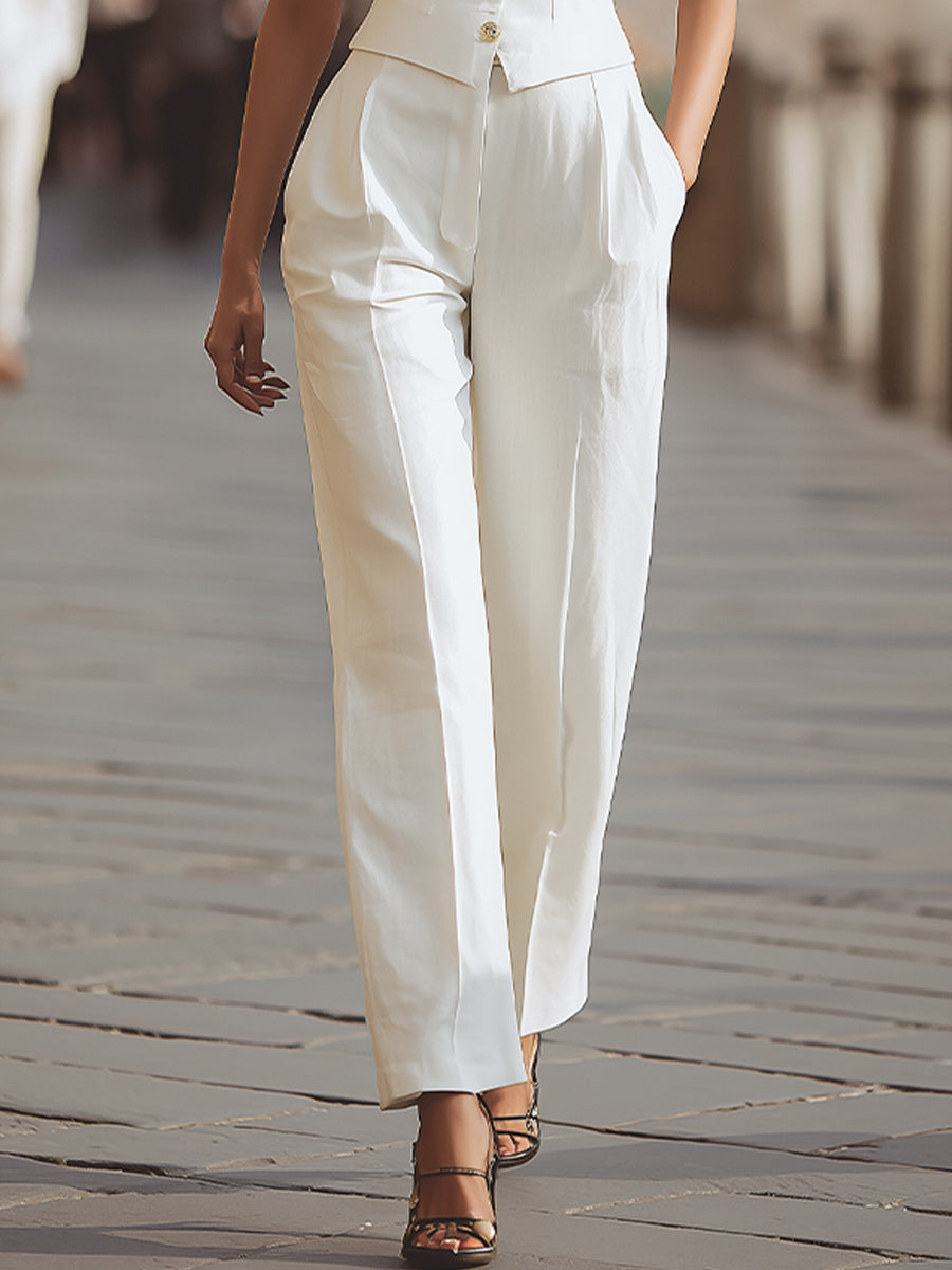 Elegant Knap-Front Top & Højtaljede Skræddersyede Bukser Sæt