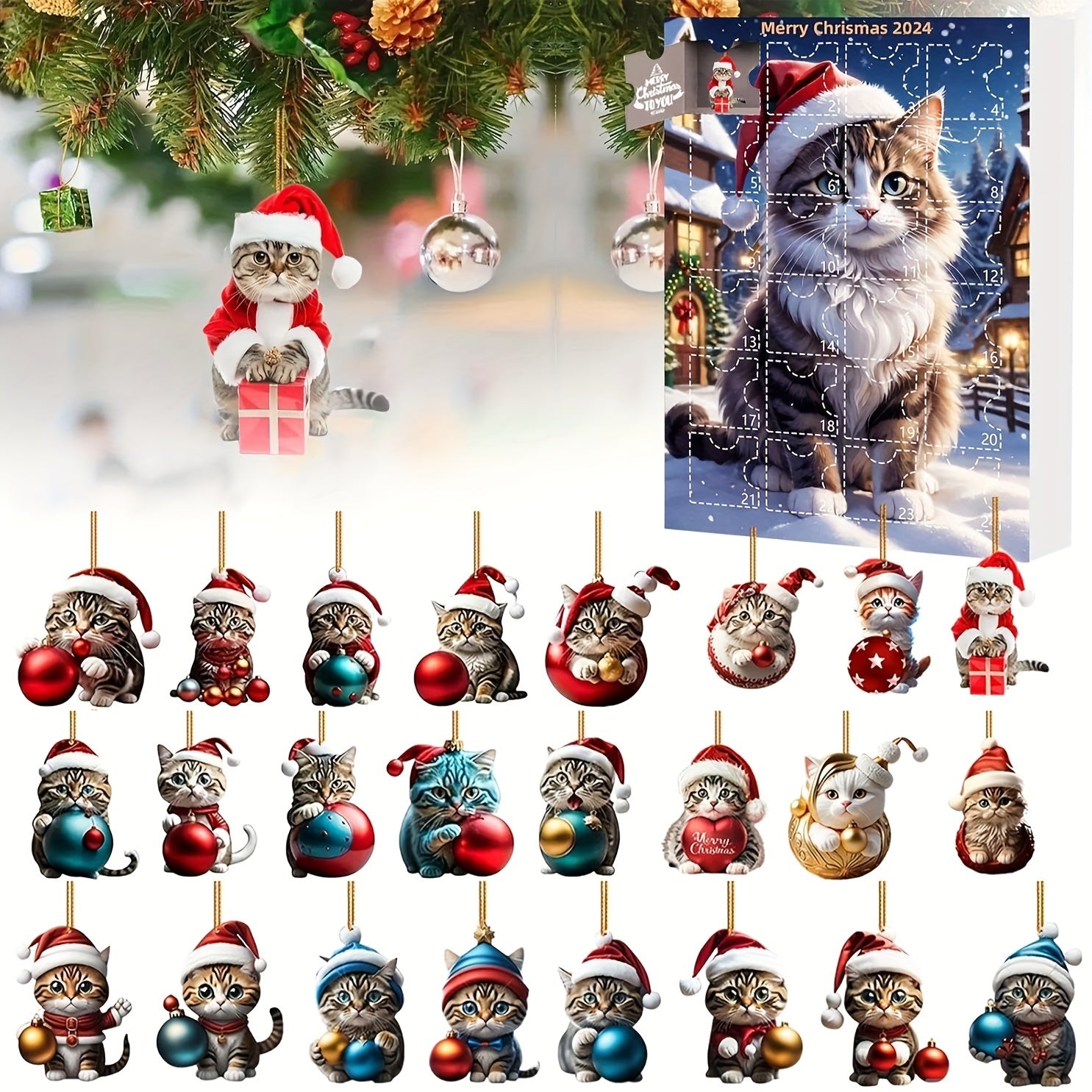 Adventskalender Katteophæng 2025 – Vintage 24-Dages Jule Countdown med Akryl Ornamenter