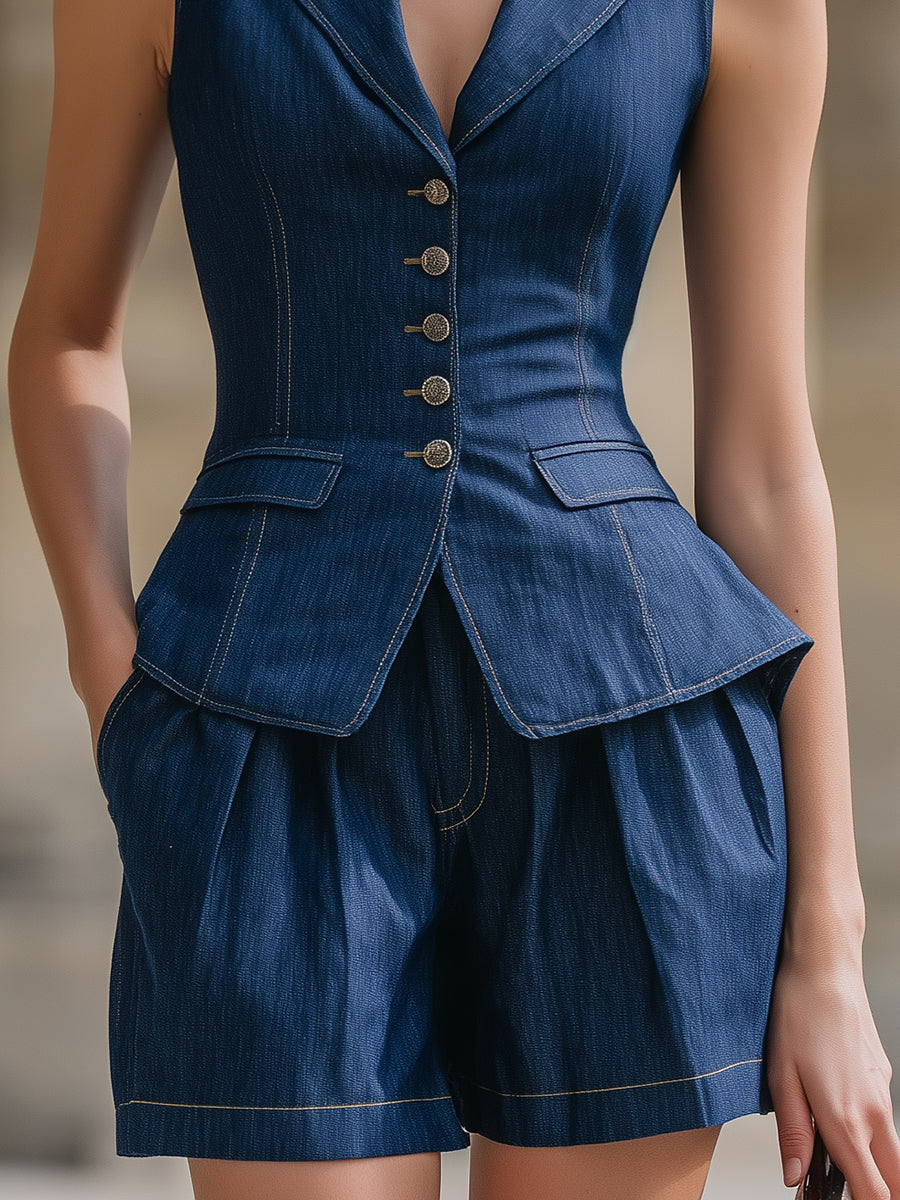 Retro Denim Peplum Vest & Plisserede Shorts To-dels Sæt