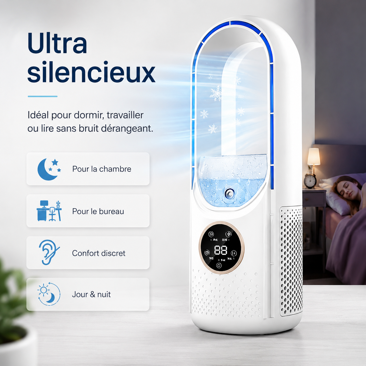 Airevo Luftkøler | USB Ventilator Uden Blade | 6 Niveauer | Stille & Med Timer | Luftfugter