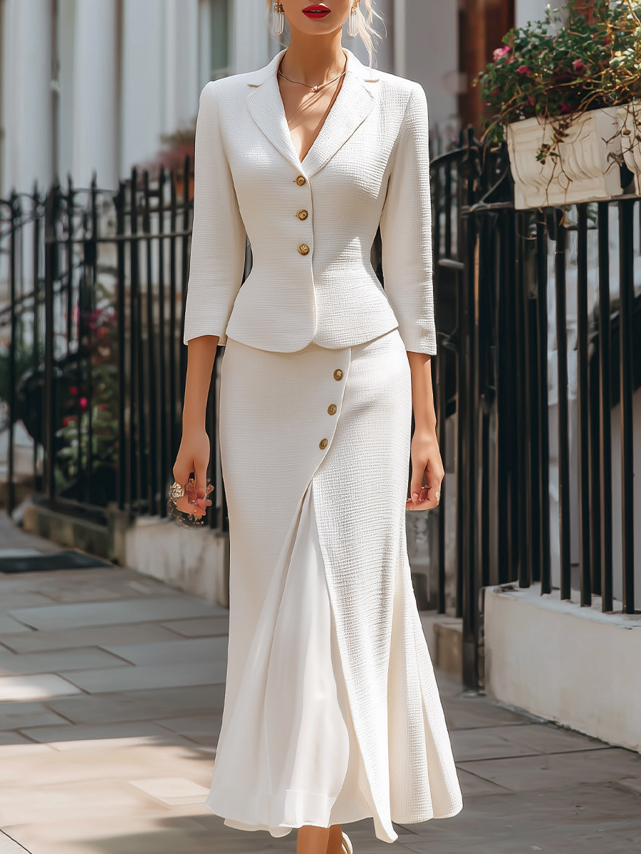 Elegant tekstureret knapblazer & midi nederdel sæt