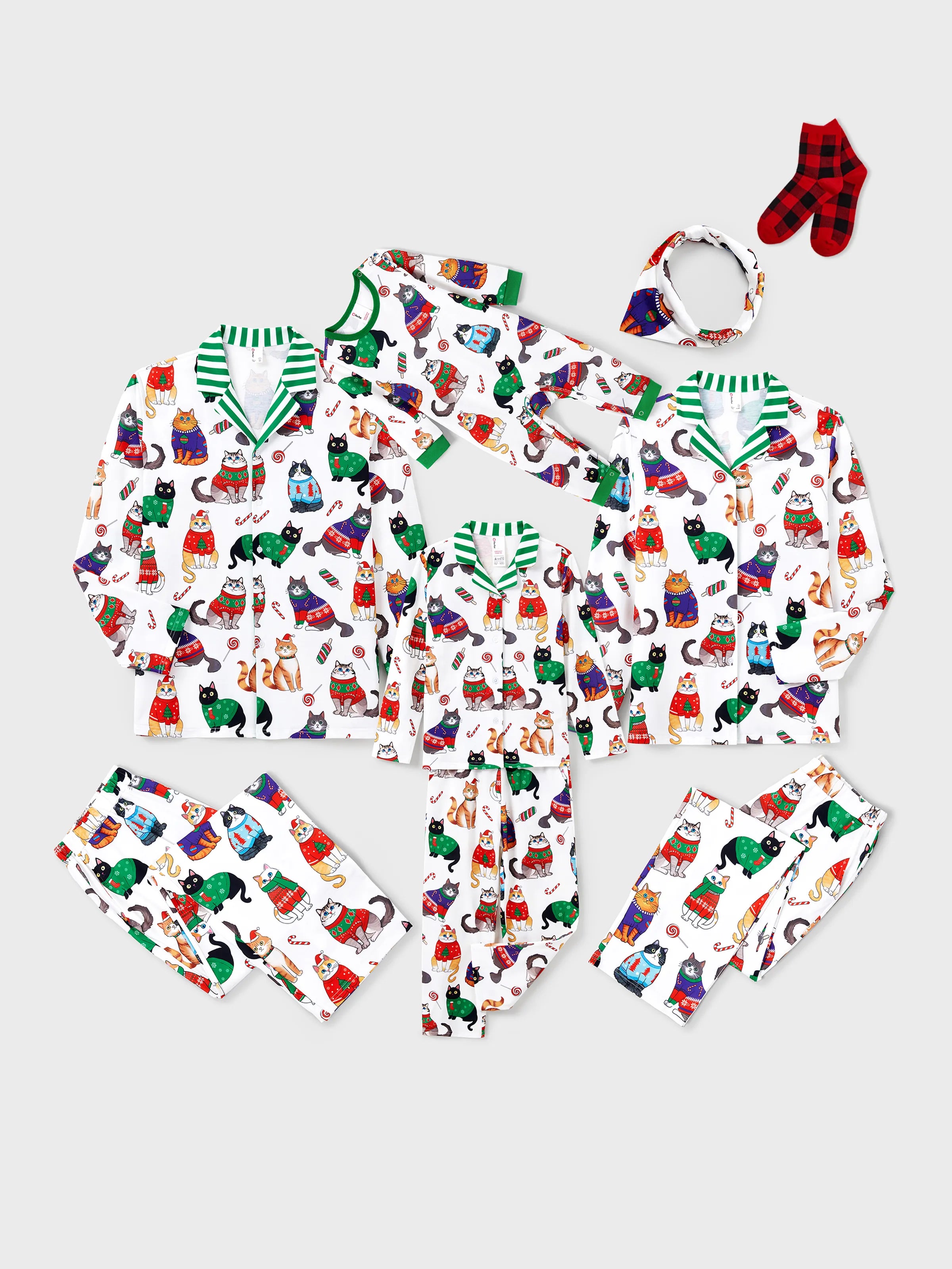 MeowJams | Jule Familie Pyjamas Sæt Katteprint med Matchende Sokker Multicolor