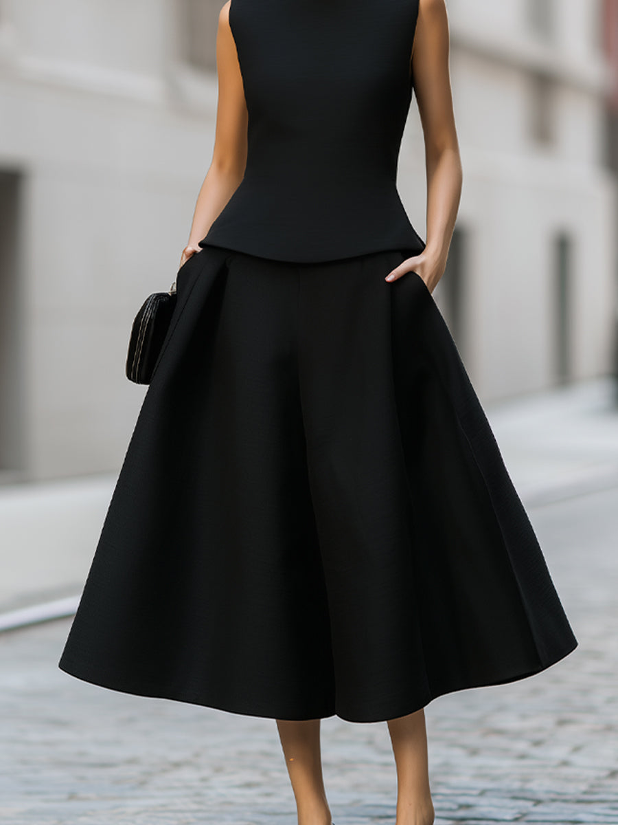 Ærmeløs Mock Neck Top Og A-Line Midi Nederdel Sæt
