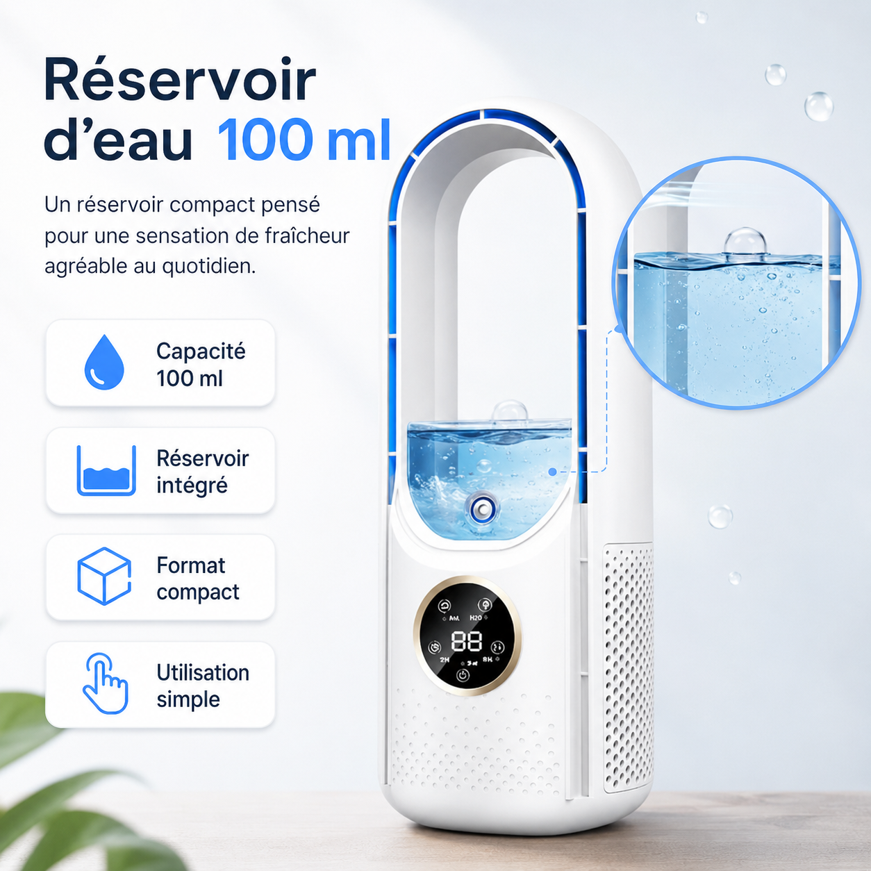 Airevo Luftkøler | USB Ventilator Uden Blade | 6 Niveauer | Stille & Med Timer | Luftfugter